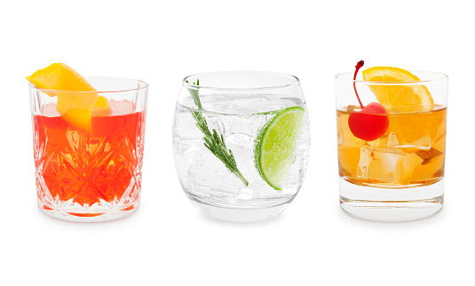 Classic cocktails - Negroni, Gin Tonic and Old-Fashioned isolated on white