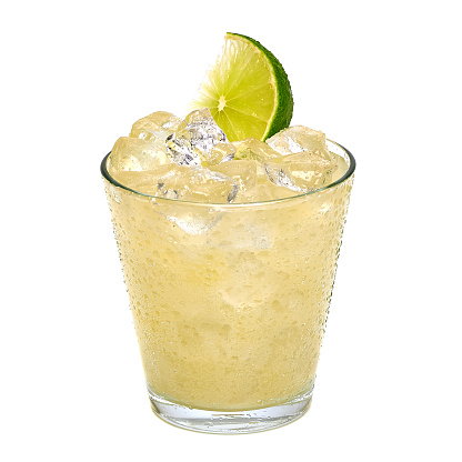 Vodka lemon with ice and lemon slice on white background