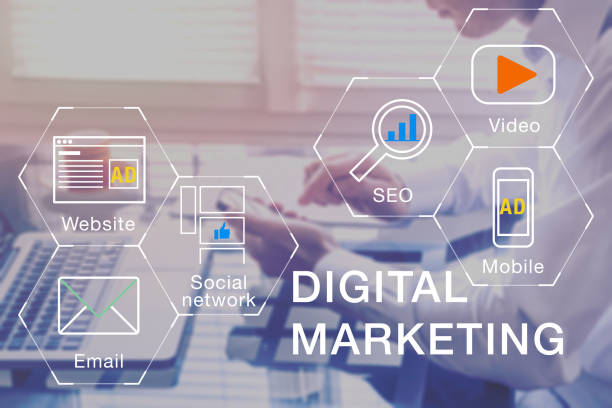Digital Marketing manager working on social media network, internet website, mobile and email advertisement communication campaign with SEO and pay per click return on investment strategy