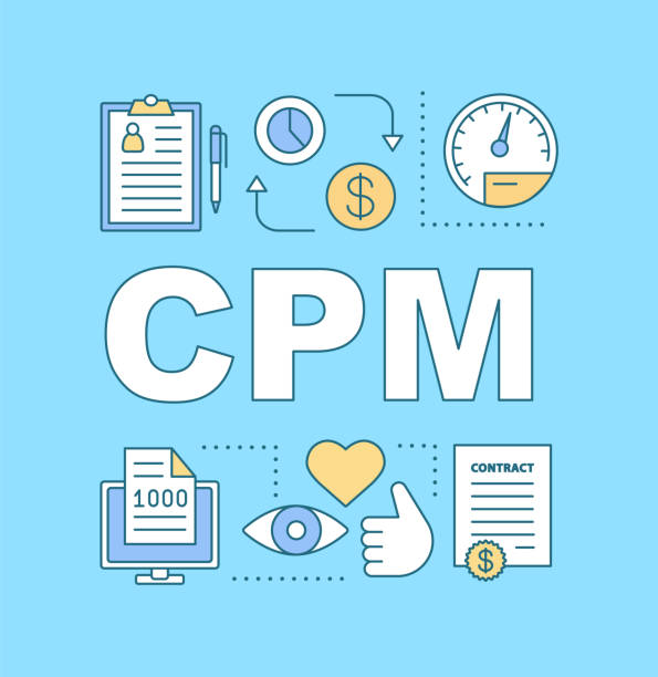 CPM word concepts banner. Pay per one thousand views, impressions. SMM. Social media marketing. Avertising campaign. Isolated lettering typography idea with linear icons. Vector outline illustration