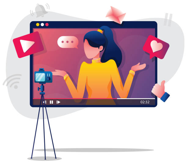 Flat design illustration with female vlogger or influencer, recording new video.